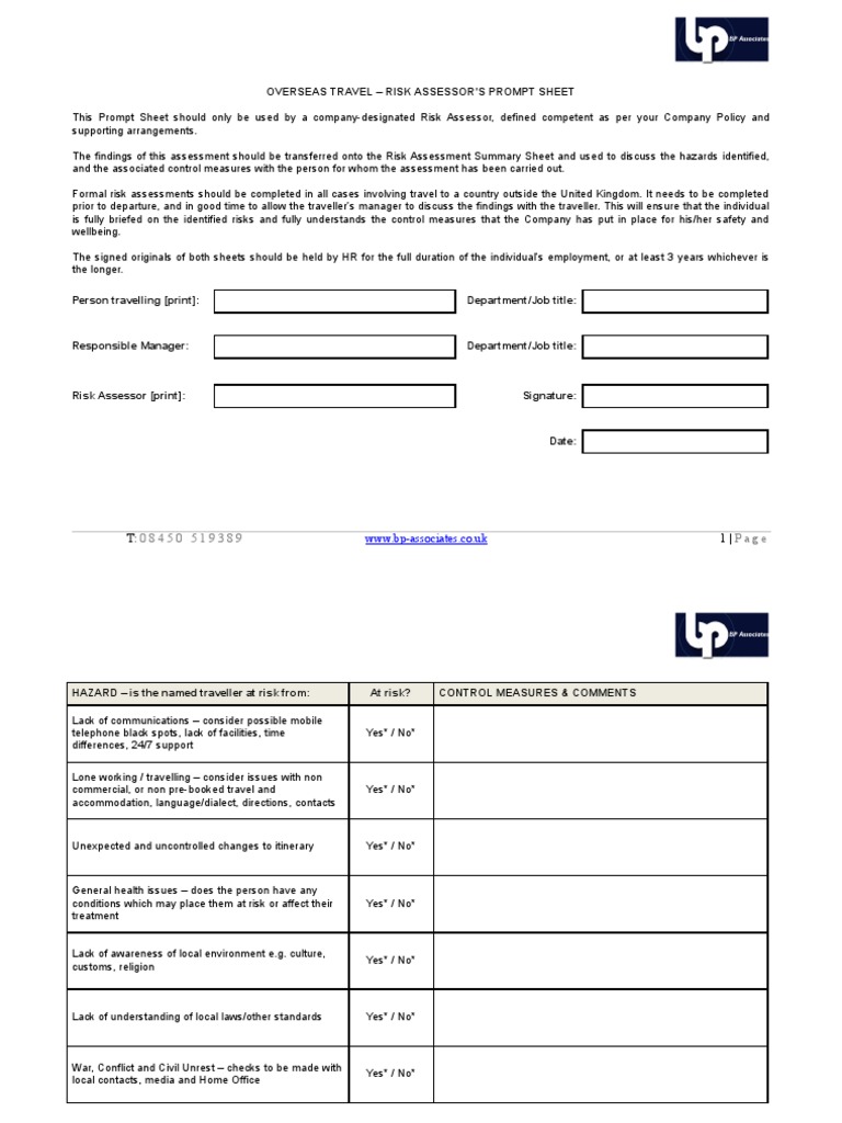 Travel Risk Assessment Summary and Prompt Sheets | PDF | Risk ...