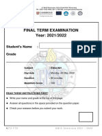 Final Term Examination Year: 2021/2022: Student's Name: Grade