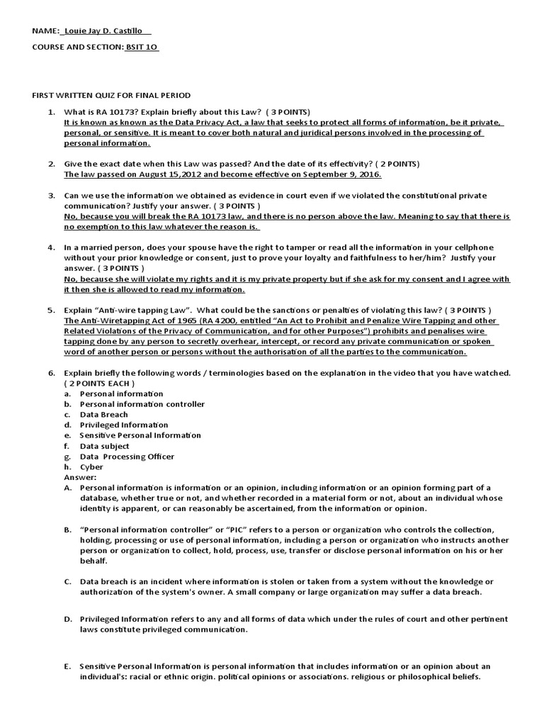 Quiz in Data Privacy | PDF | Justice | Civil Rights And Liberties