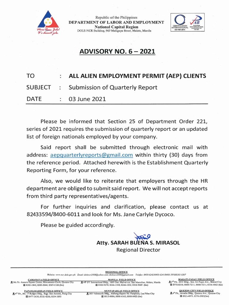 Advisory 06-21 SUBMISSION-OF-QUARTERLY-REPORT-AEP | PDF