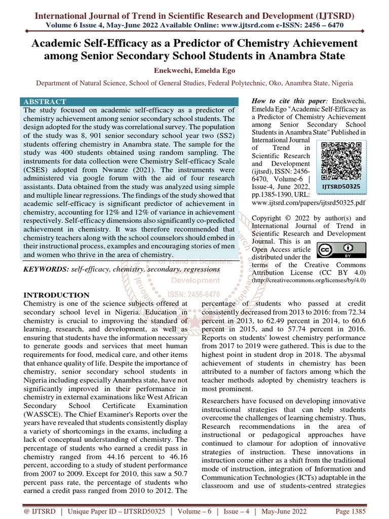Academic Self Efficacy As A Predictor of Chemistry Achievement Among ...