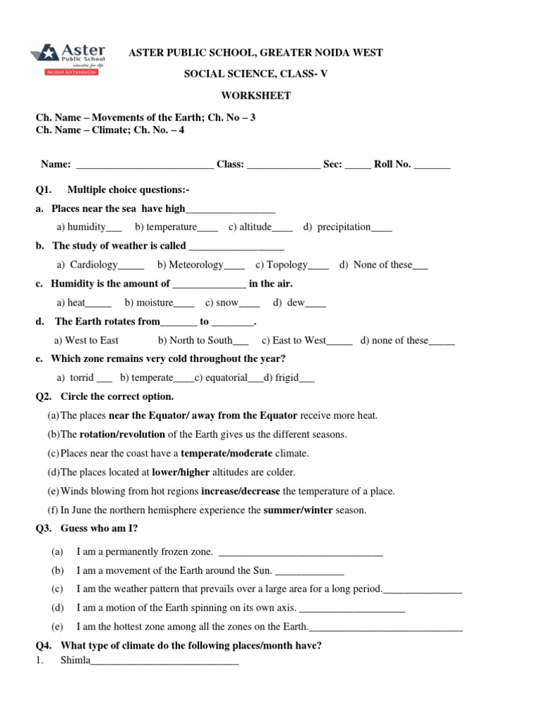 ch-3 & 4 - Class-5 Worksheet | PDF | Earth | Equator
