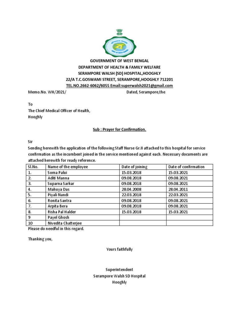 Request for Service Confirmation of Staff Nurses and Lower Division ...