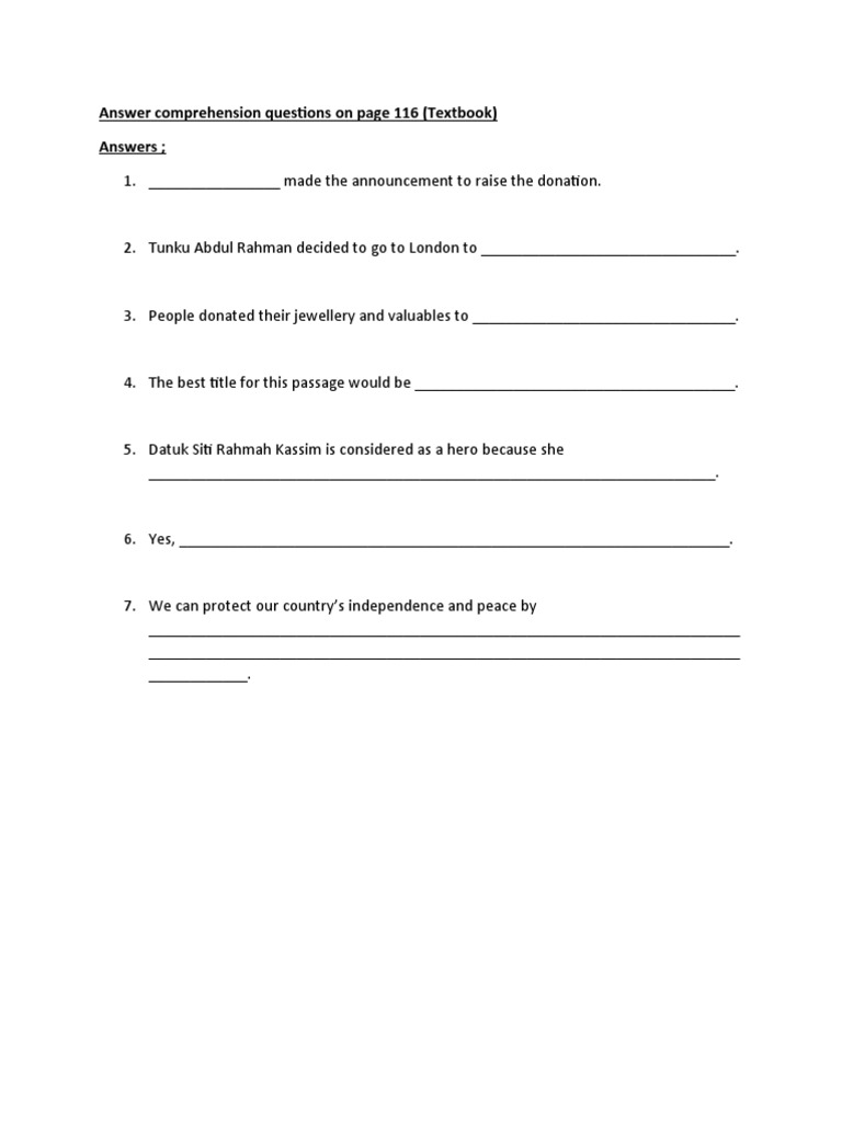 Answer Comprehension Questions On Page 116 (Textbook) Answers | PDF