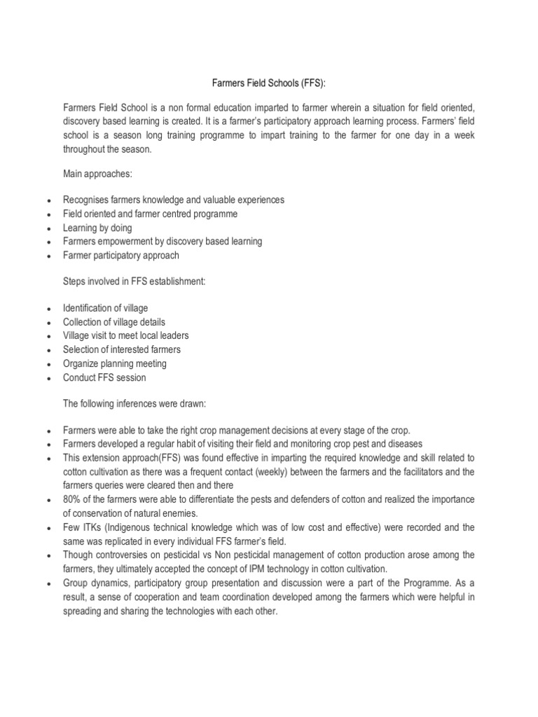 Farmer Field School Overview | PDF | Agriculture | Teaching And Learning