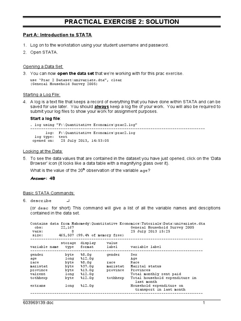 STATA Practice: Univariate Analysis Guide | PDF | Categorical Variable ...