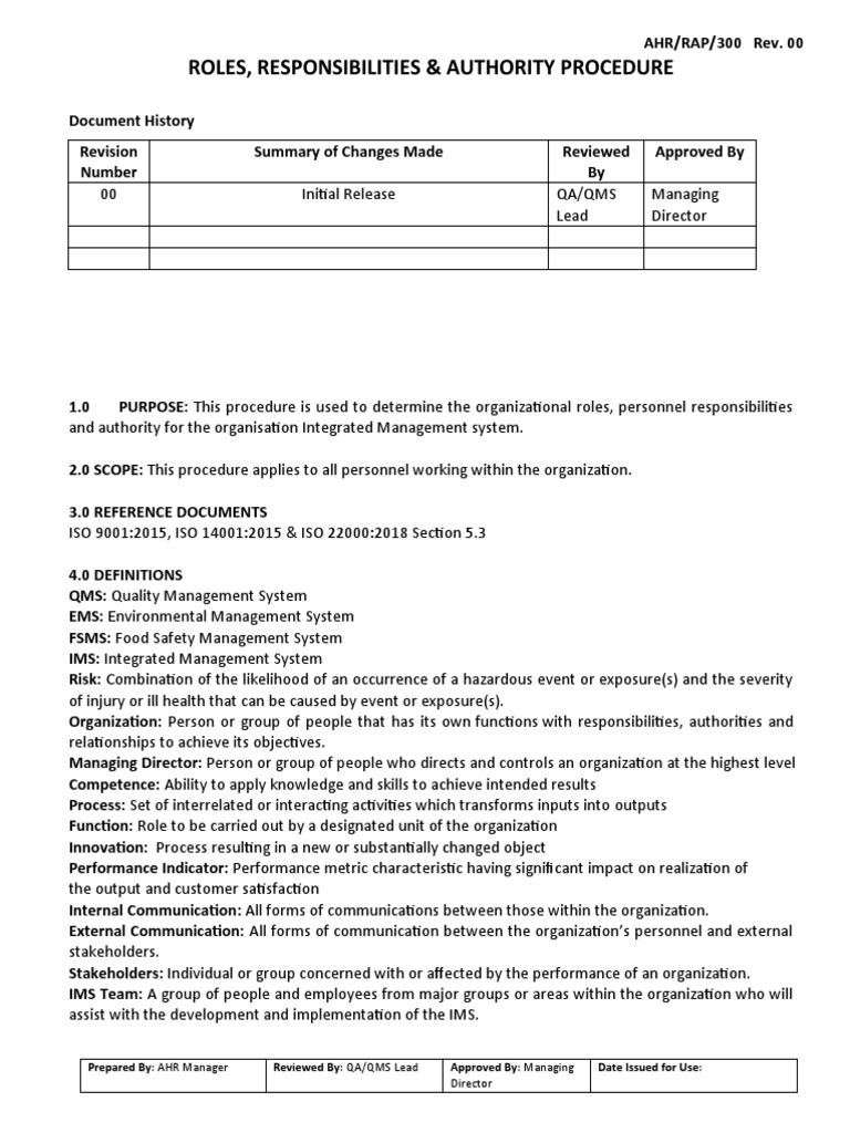 Roles and Responsibilities Procedure | PDF | Quality Management System ...