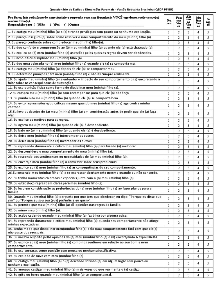 Questionário de Estilos Parentais QEDP | PDF