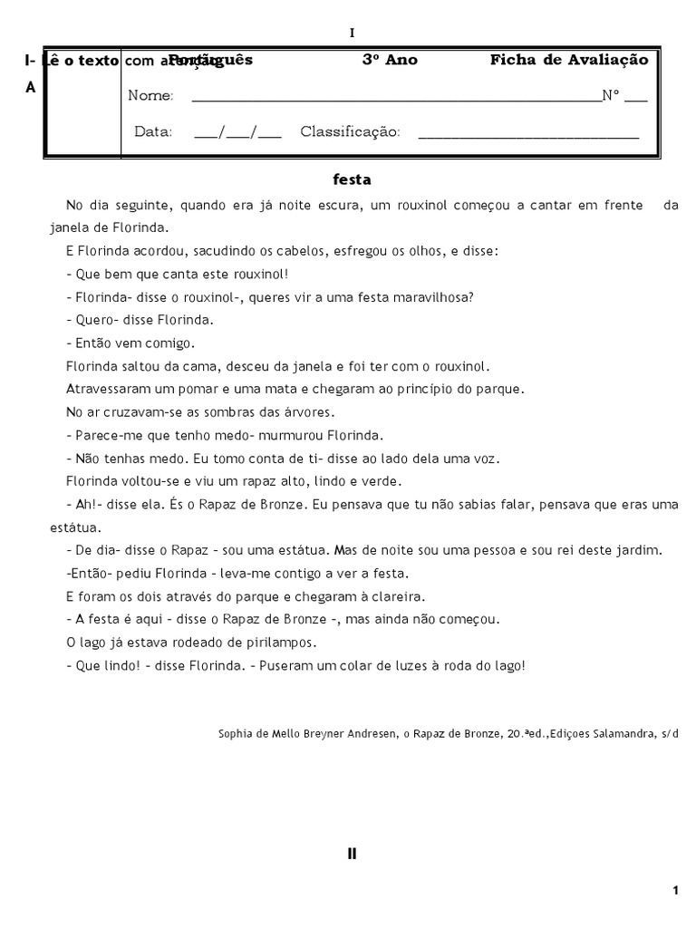 Ficha de Avaliacao de Portugues 3º Ano | PDF | Linguística | Famílias ...