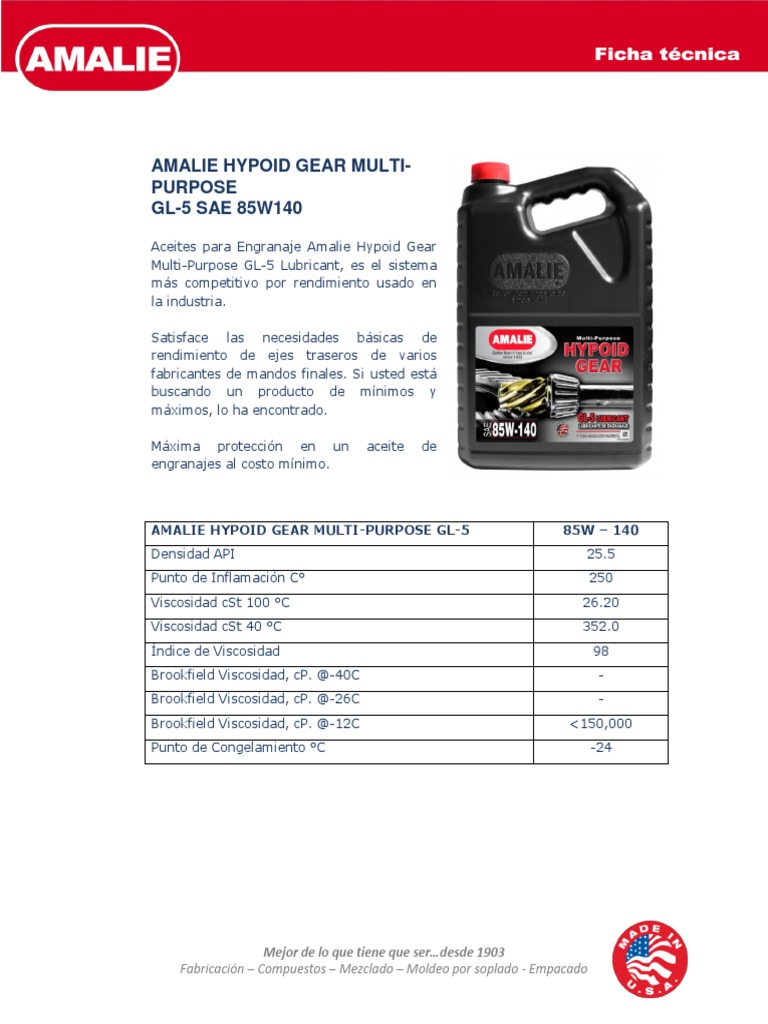 Amalie Hypoid Gear MultiPurpose GL5 Lubricant 85W140 PDF Bienes