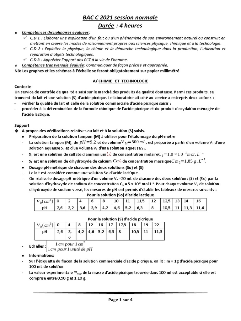 Épreuve de Physique-Chimie Bac C 2021 | PDF | Prisme (optique) | Réfraction