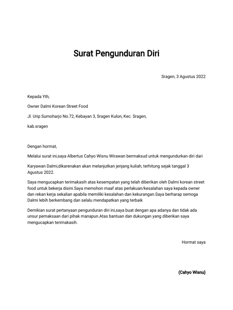 Contoh Surat Pengunduran Diri | PDF