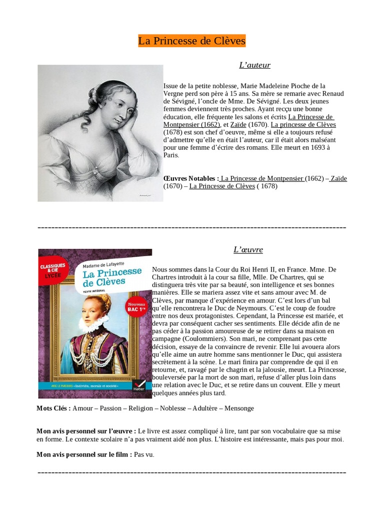 La Princesse de Clèves : Analyse et Thèmes | PDF