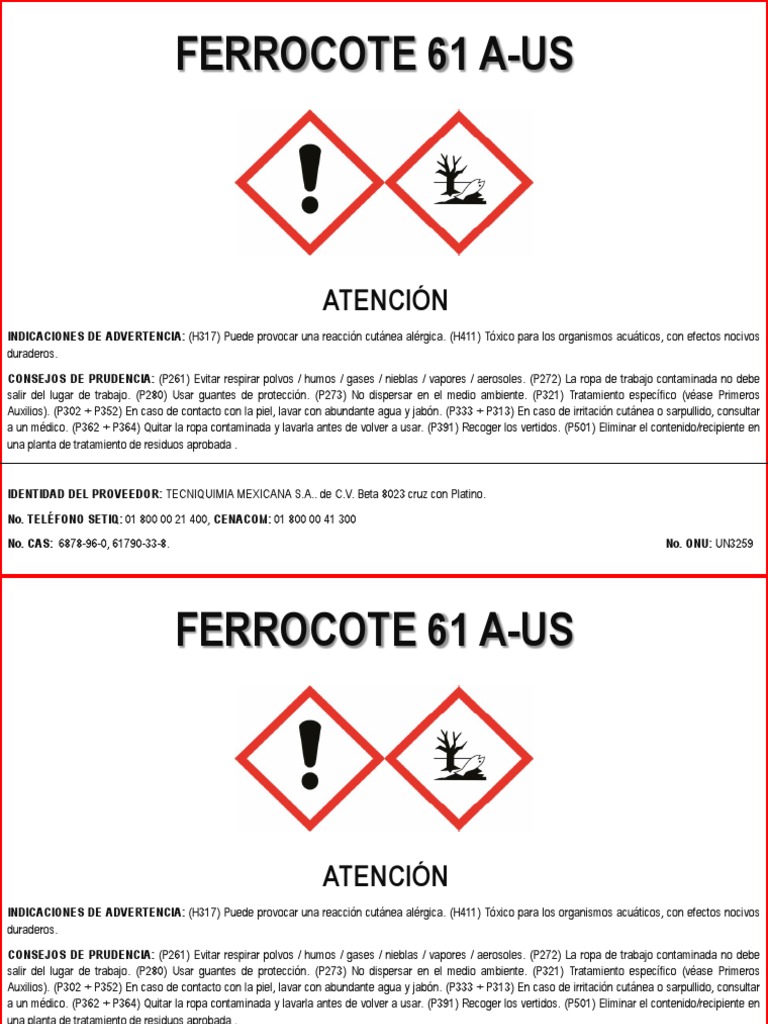 Hoja de Seguridad Ferrocote 61 A-US | PDF | Agua | Aerosol