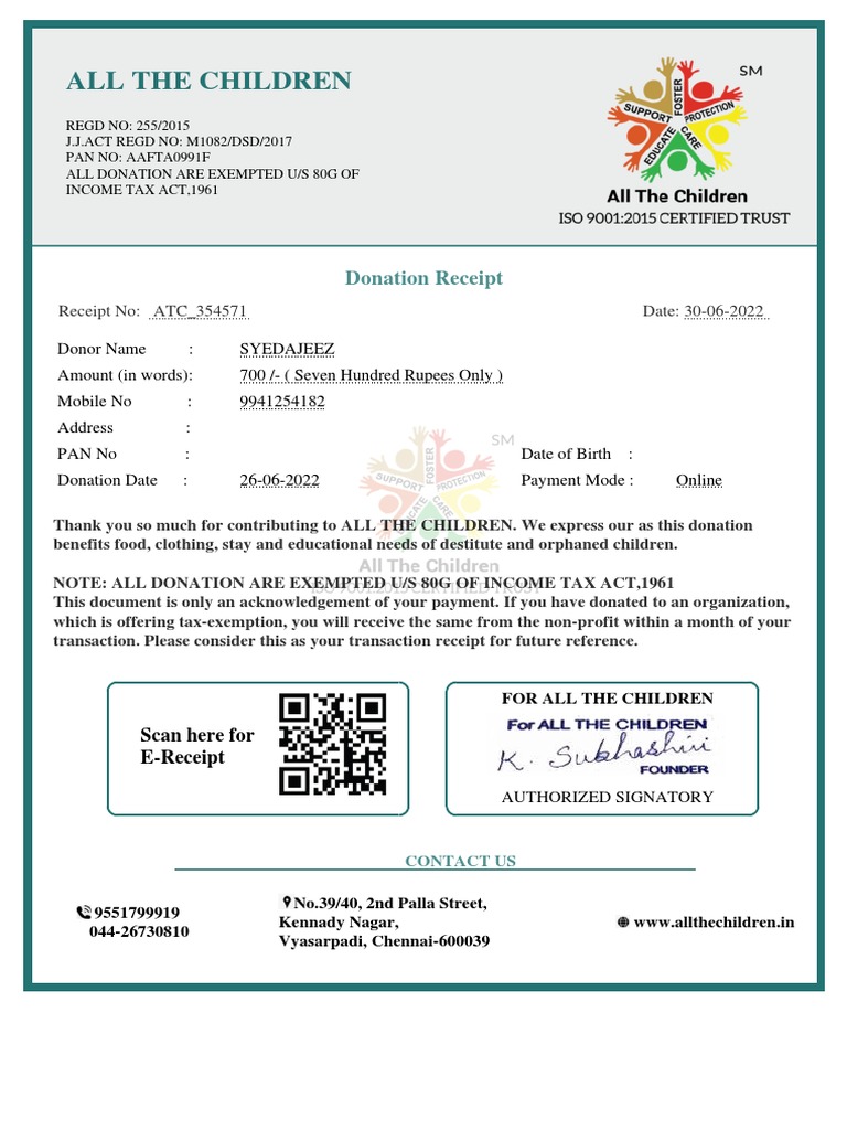 All The Children: Donation Receipt | PDF