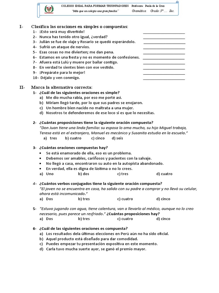 Oraciones Simples y Compuestas 3° Ejercicio Multimedia | PDF