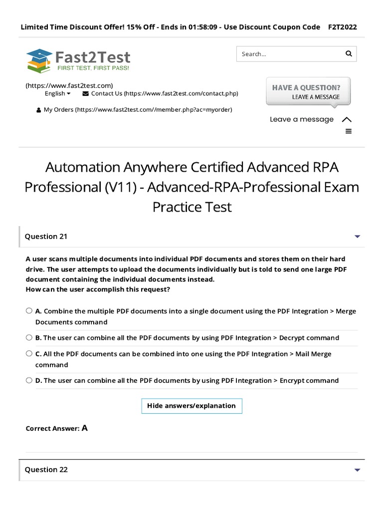Automation Anywhere Certified Advanced RPA Professional (V11) AdvancedRPAProfessional Exam