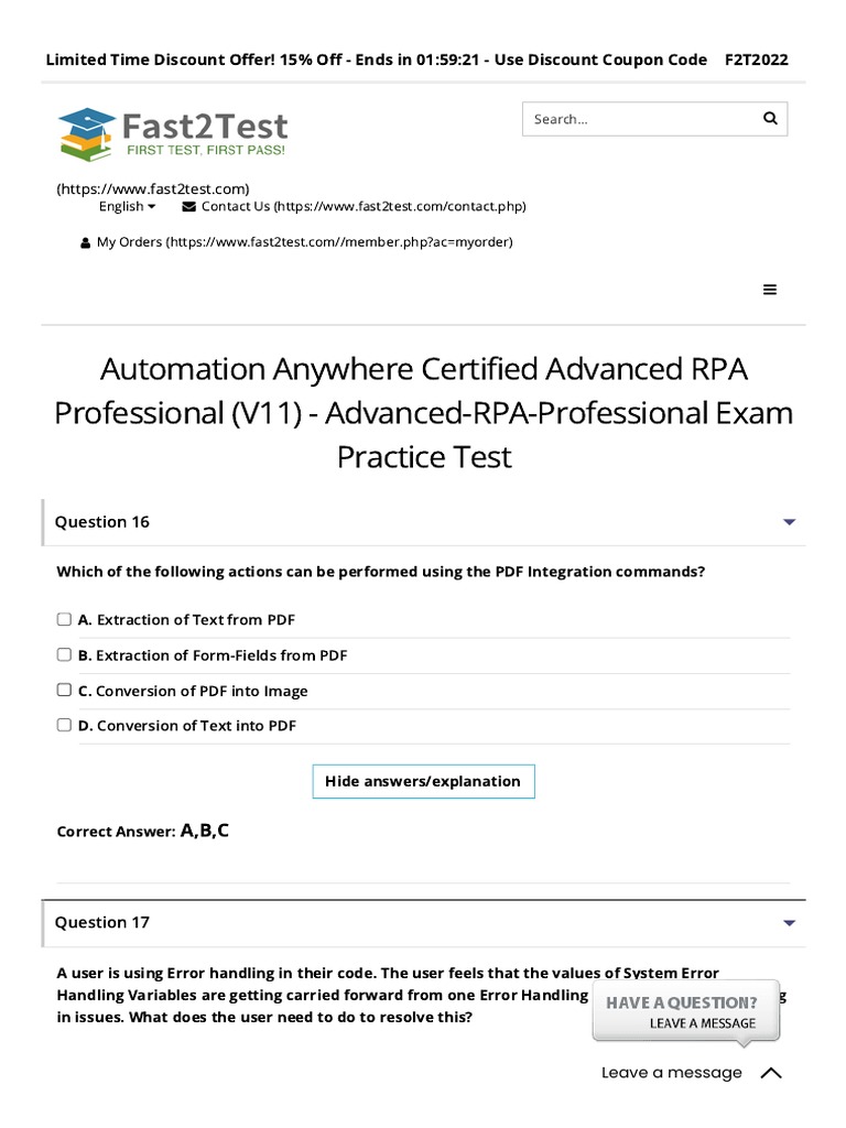 Automation Anywhere Certified Advanced RPA Professional (V11