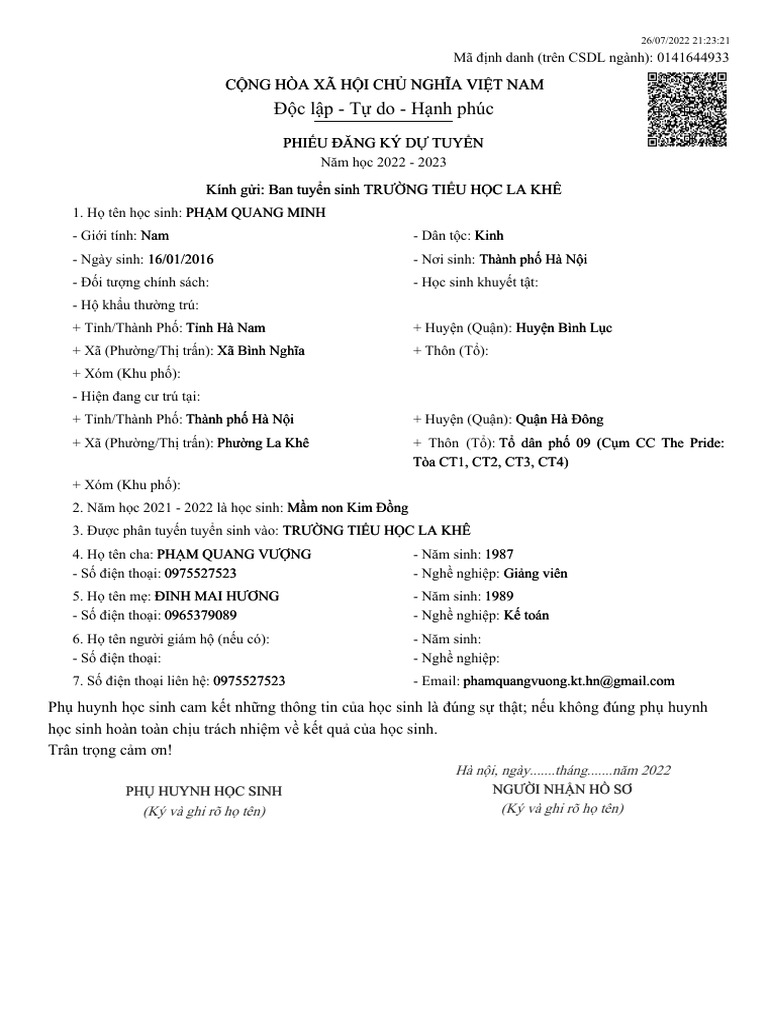 Phieu Thong Tin Hoc Sinh | PDF
