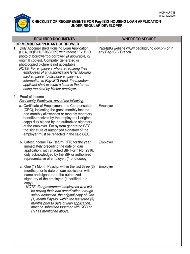 Checklist of Requirements For Pag-Ibig Housing Loan Application Under ...