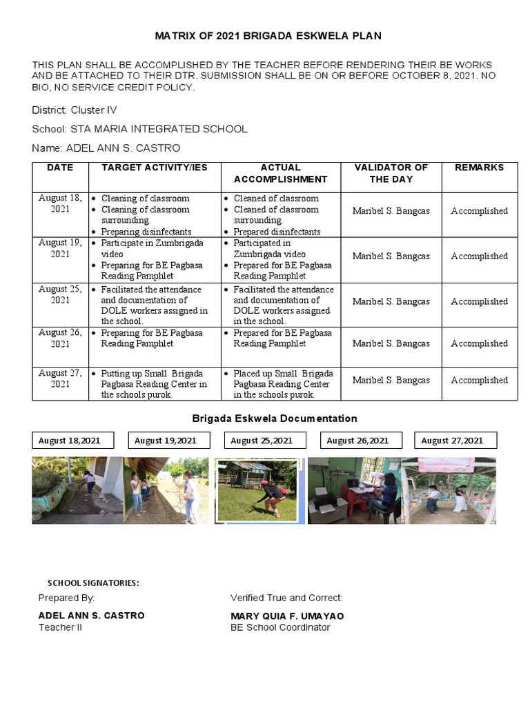 2021 Brigada Eskwela Plan Summary | PDF