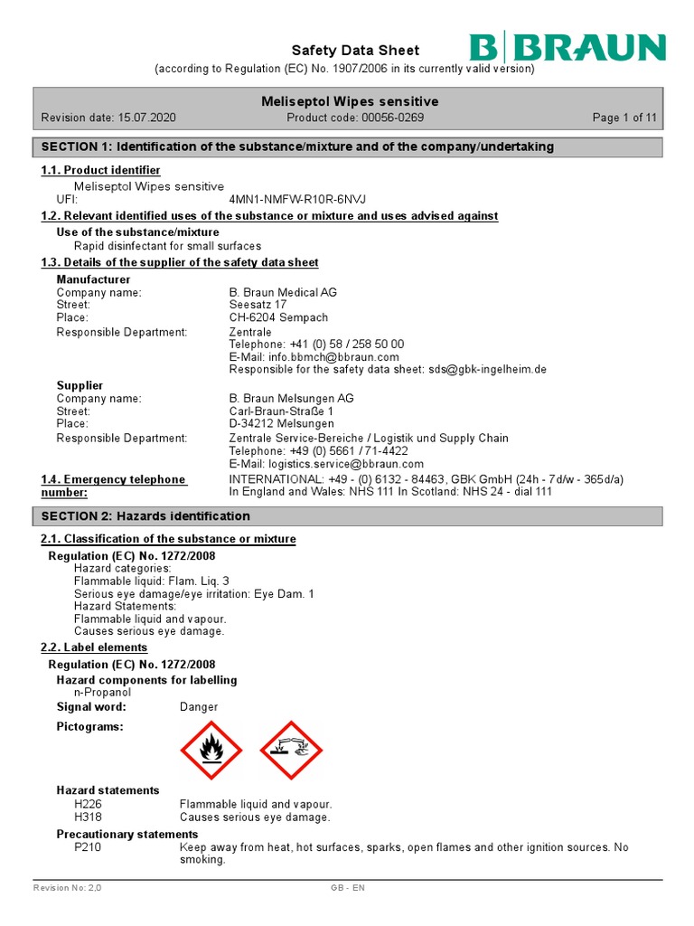 Meliseptol Wipes Safety Data Sheet | PDF | Dangerous Goods | Carbon Dioxide