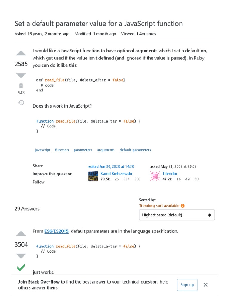 Set A Default Parameter Value For A JavaScript Function Stack