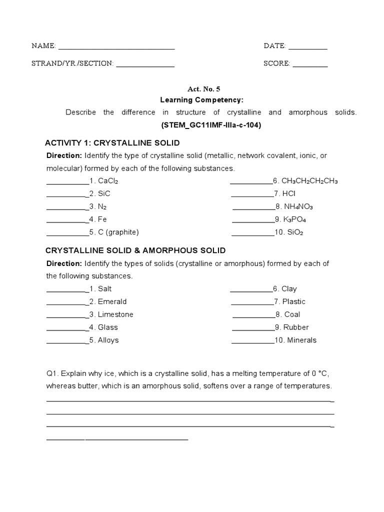 Crystalline vs Amorphous Solids Guide | PDF | Solid | Crystal