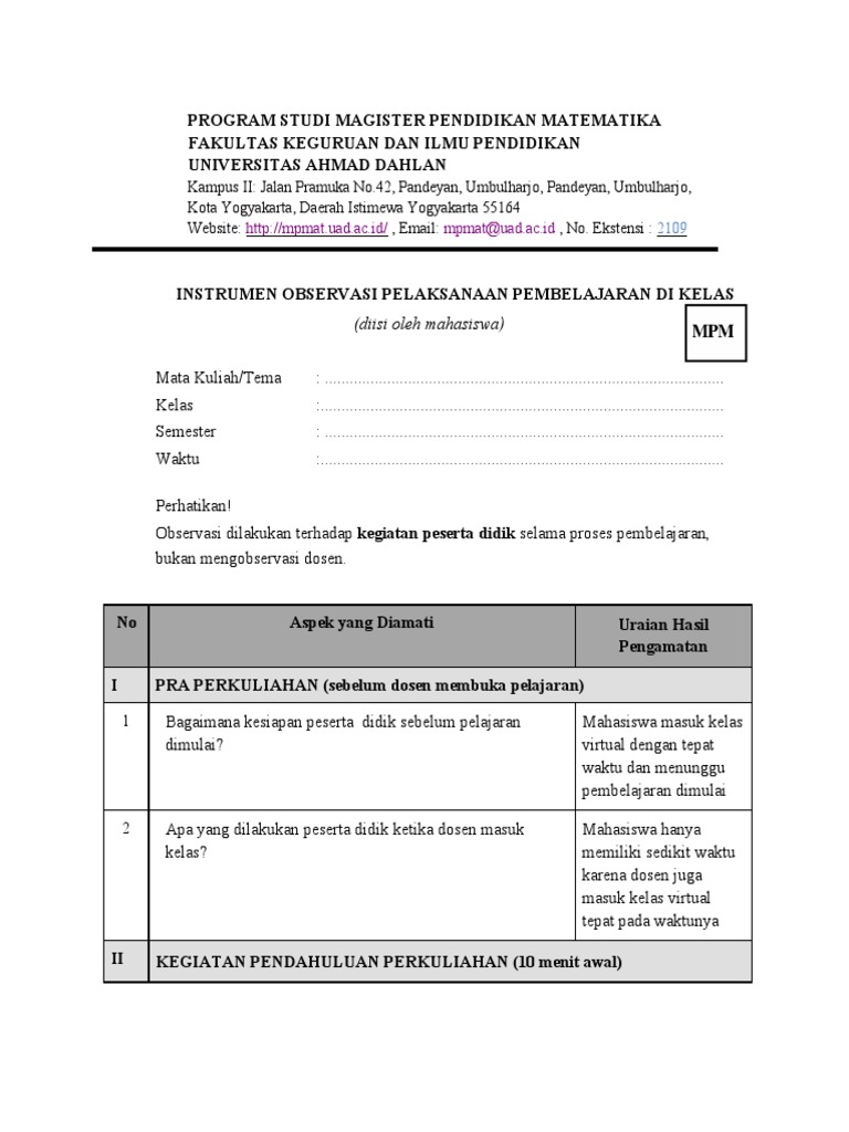 Instrumen Observasi Pelaksanaan Pembelajaran Di Kelas Pdf