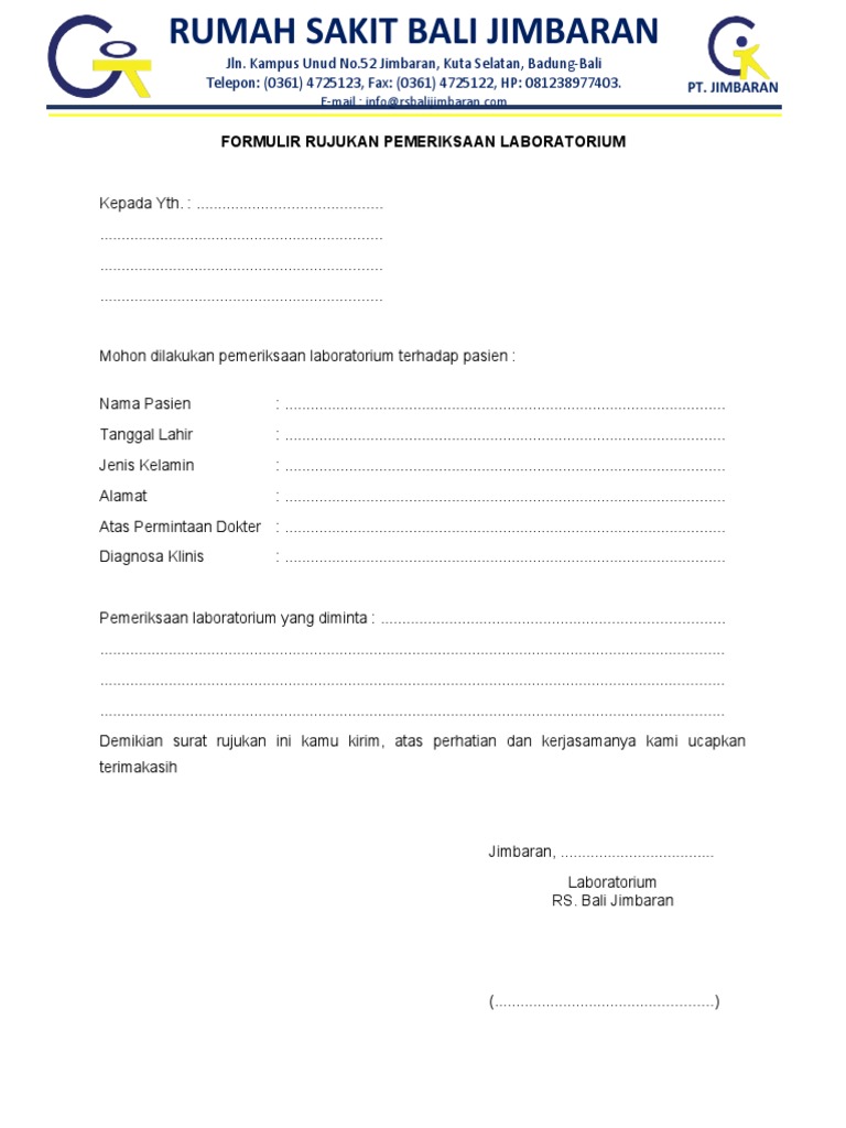 Formulir Rujukan Laboratorium RS Jimbaran | PDF