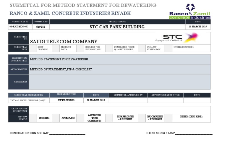 Dewatering Method Statement Submission | PDF