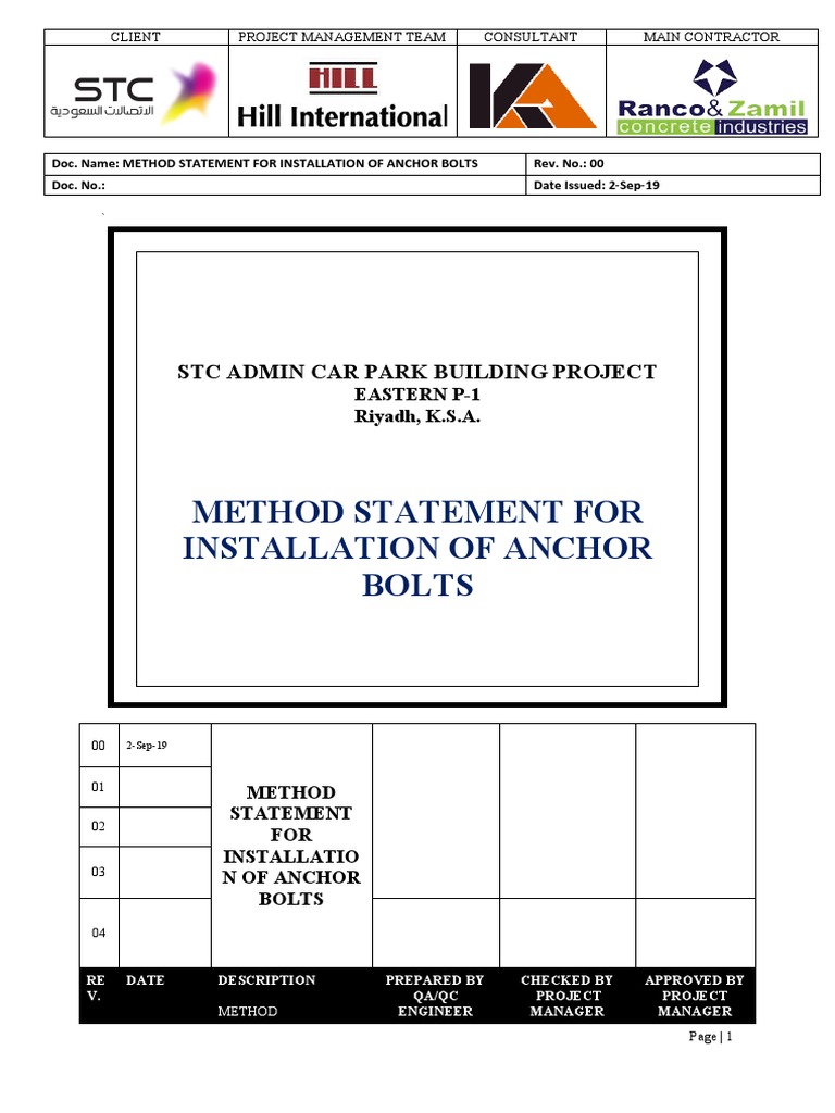 Method Statement For Installation Anchor Bolts PDF Screw