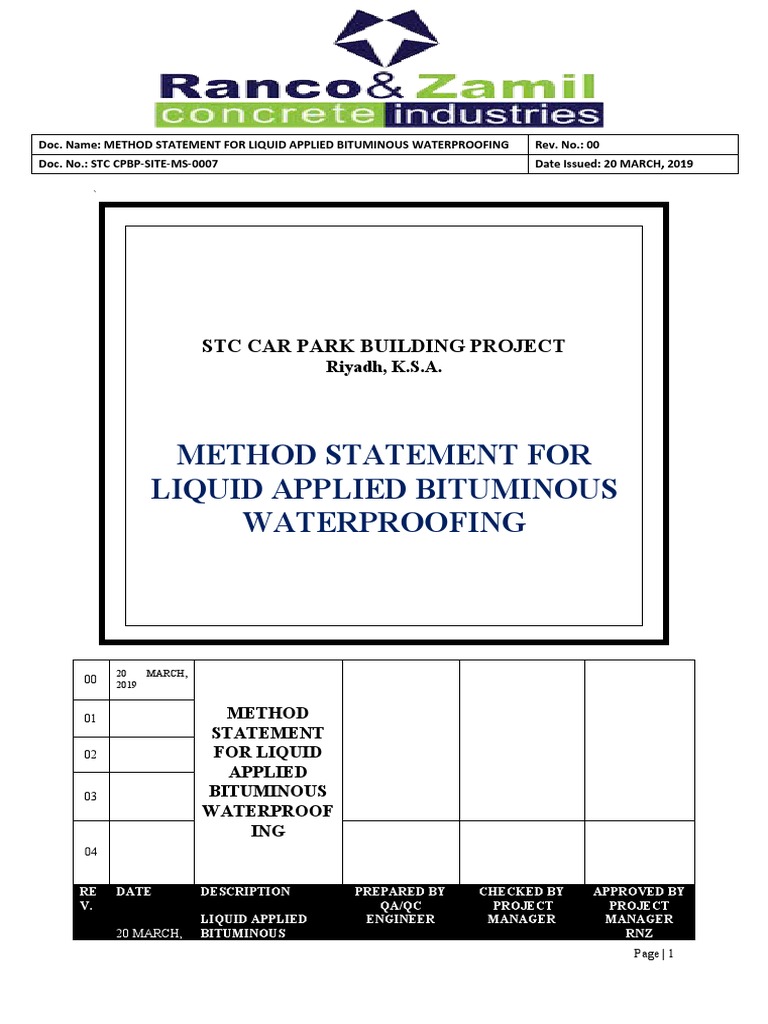 Bituminous Waterproofing Method Statement | PDF | Asphalt | Personal ...