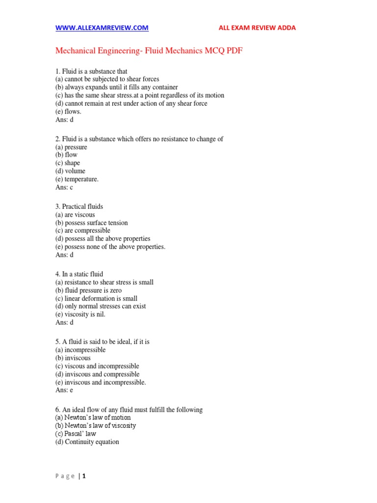 Fluid Mechanics MCQs for Engineers | PDF | Buoyancy | Fluid Dynamics