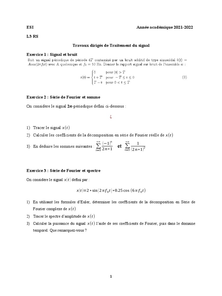 Exercices de Traitement du Signal et Séries de Fourier | PDF | Densité ...