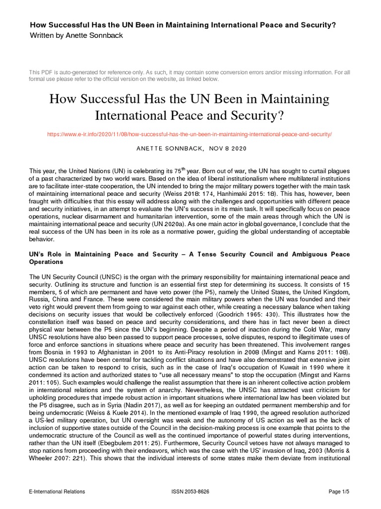 UN's Effectiveness in Global Peacekeeping | PDF | Responsibility To ...