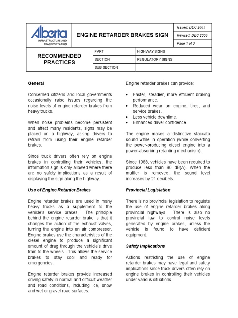 Engine Retarder Brakes Sign General PDF Brake Engines