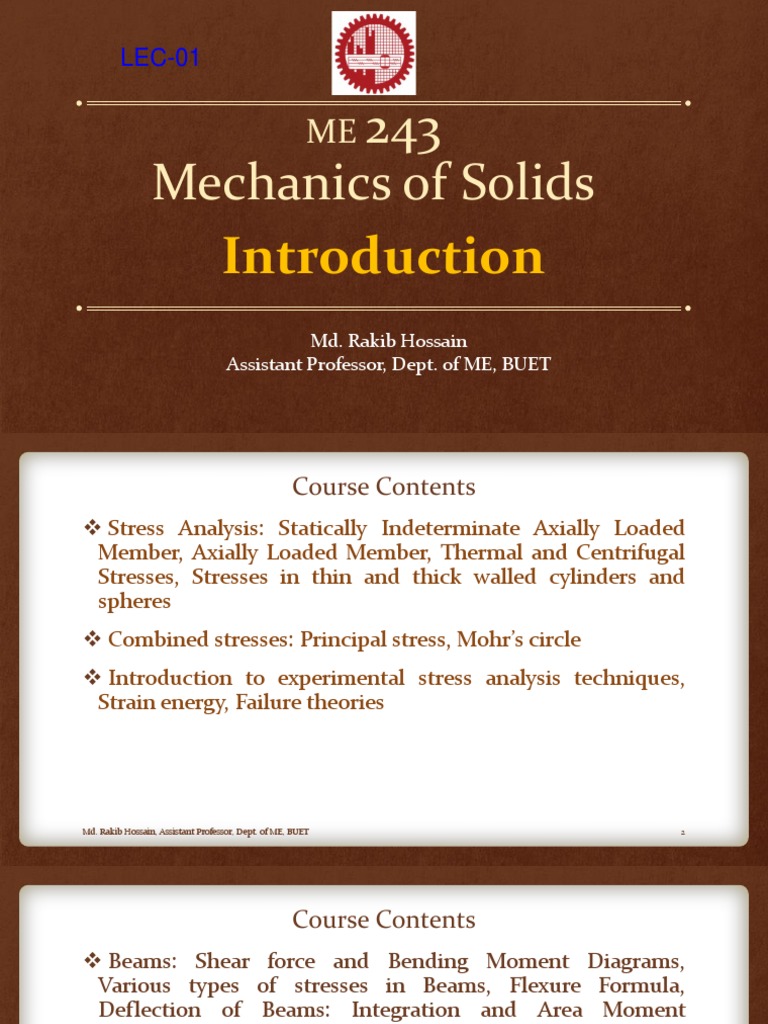 ME 243: Mechanics of Solids Overview | PDF | Stress (Mechanics) | Beam ...