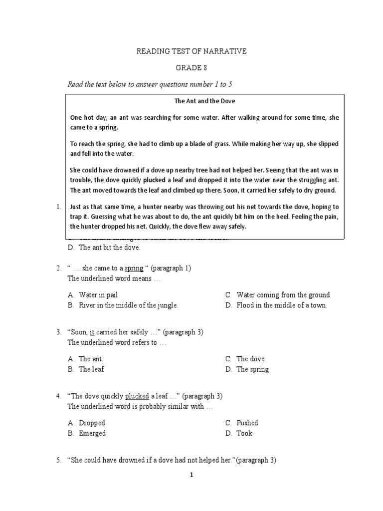Grade 8 Narrative Reading Test | PDF | General Fiction