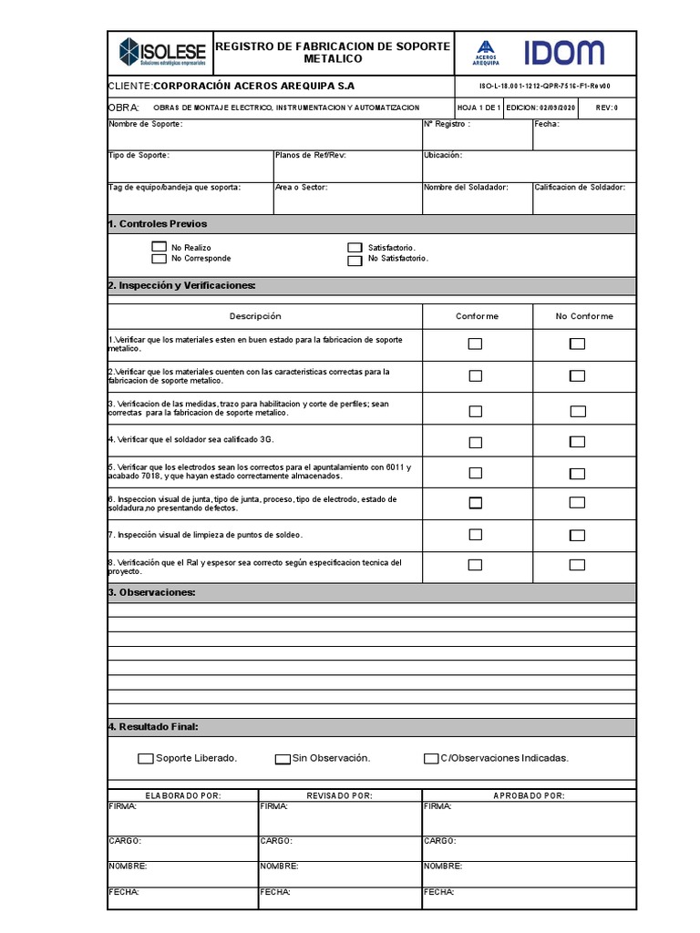 ISO Registro de Fabricacion de Soportes Metalicos | PDF | Soldadura ...