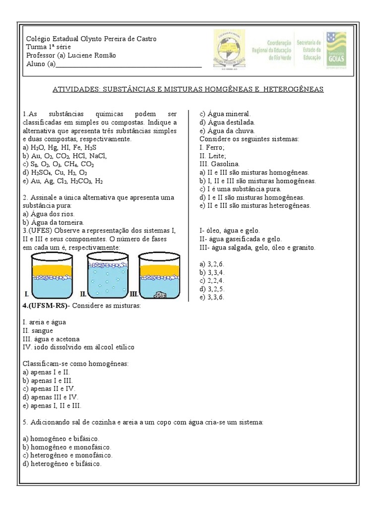 Atividades sobre Substâncias e Misturas | PDF