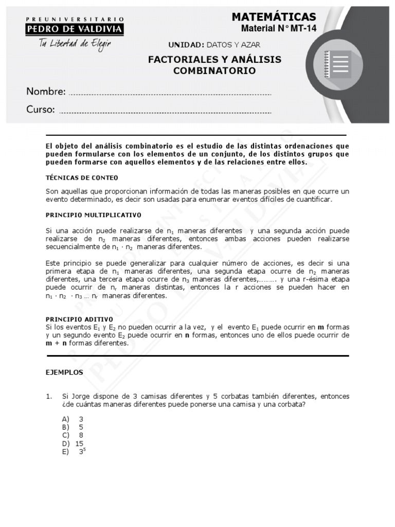 Ejemplos de Combinatoria y Factoriales | PDF | Combinatoria | Conceptos ...