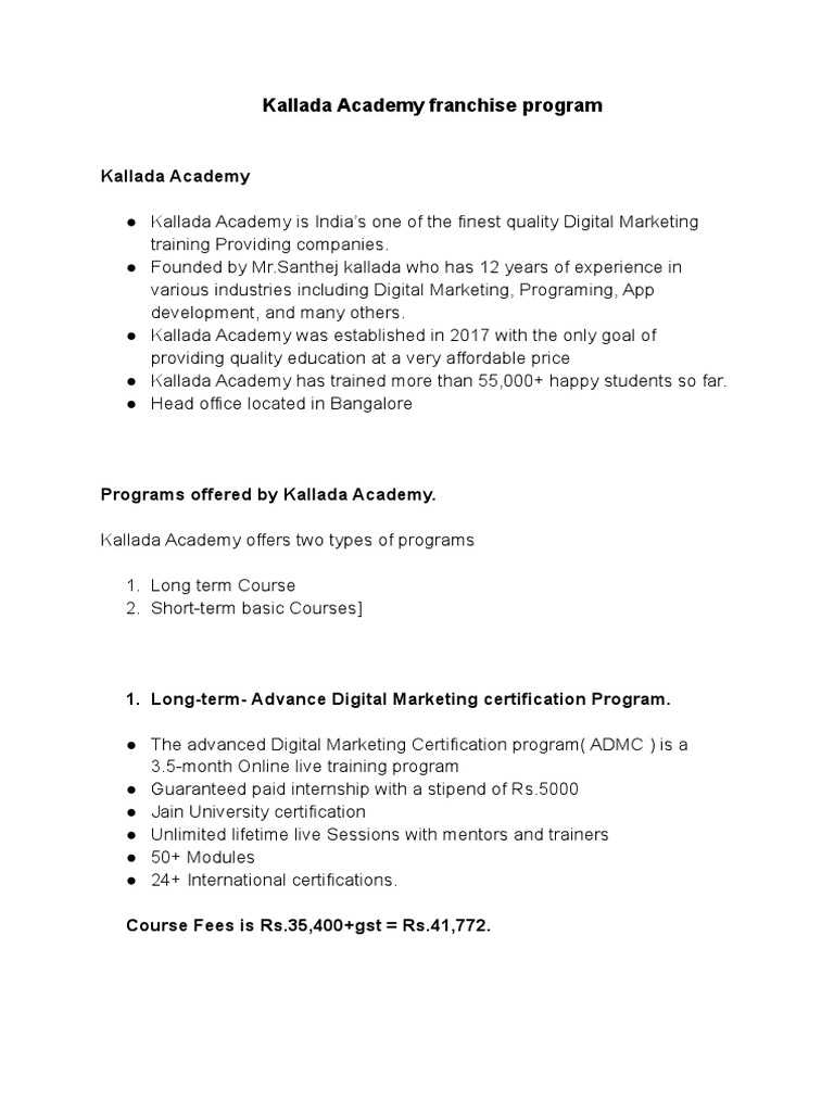Kallada Academy Franchise Program | PDF | Business
