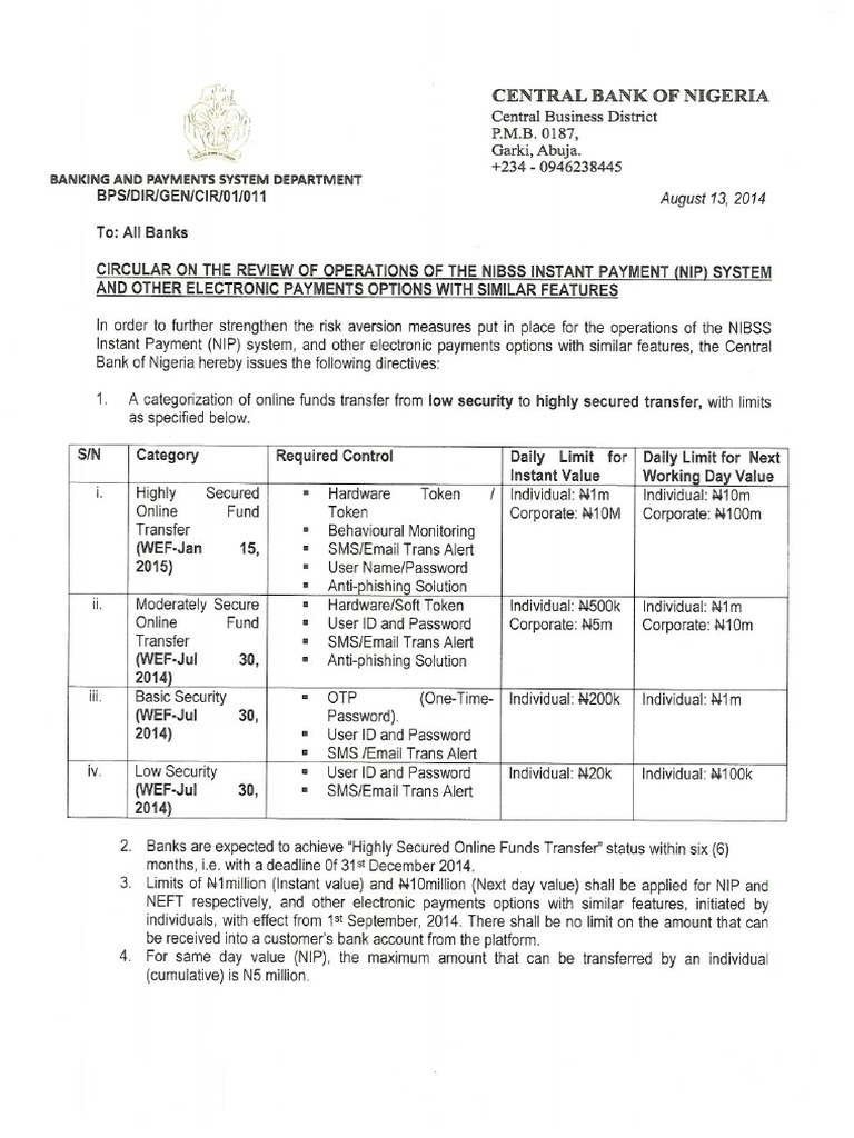 Circular on the Review of Operations of NIBSS Instant Payment (NIP