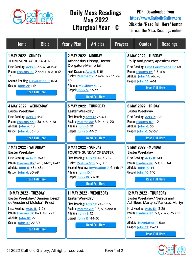Daily Mass Readings May 2022 Liturgical Year C Home Bible Yearly