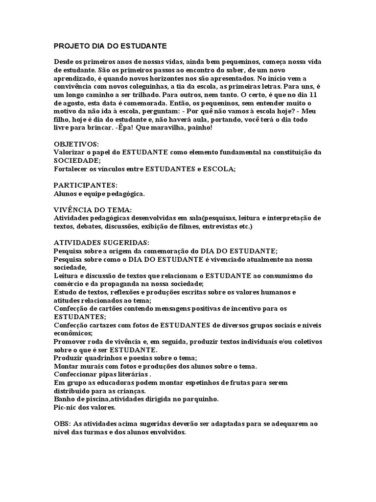 Projeto Dia Do Estudante | PDF