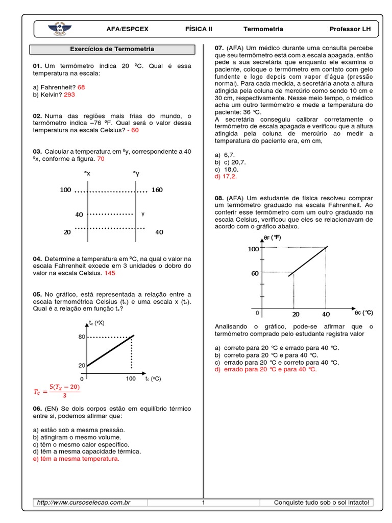 Exercícios de Termometria e Escalas | PDF | Celsius | Temperatura