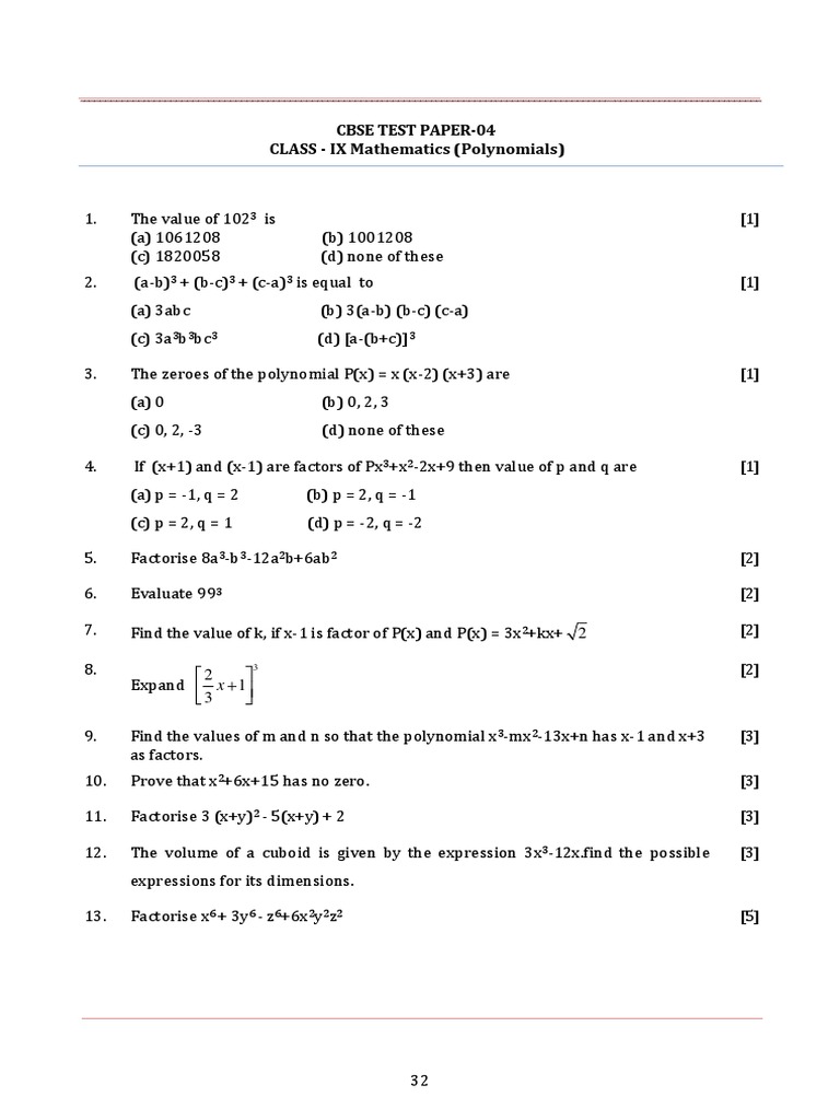 Polynomials Imp Question Paper 4 | PDF