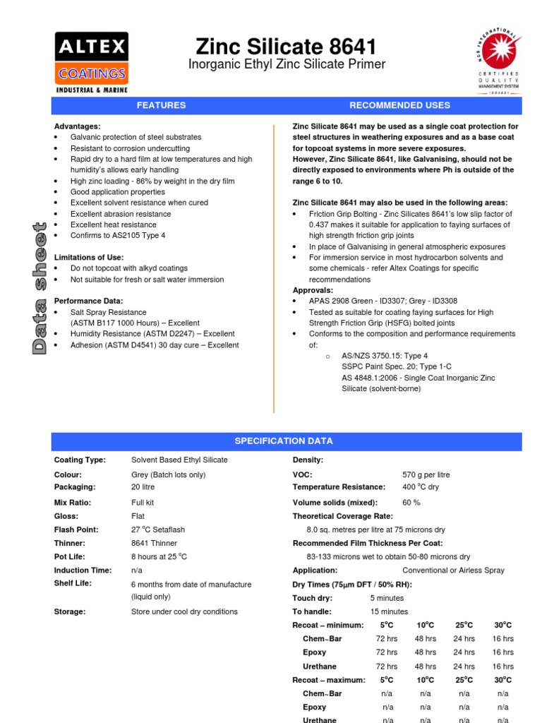 Zinc Silicate 8641 PDF Galvanization Paint