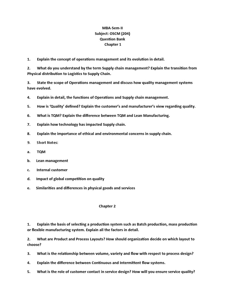 Operations and Supply Chain Management Question Bank Covering Key